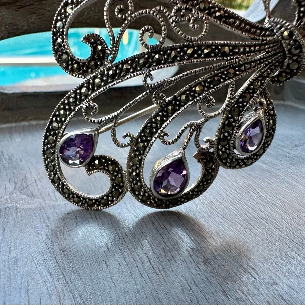 Vintage Sterling Silver & Amethyst Brooch - Picture 10 of 12
